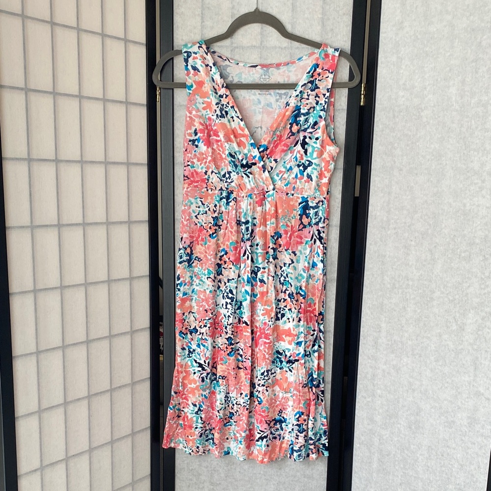 St. John's Bay Coral Floral Midi Dress with Teal and Navy Accents